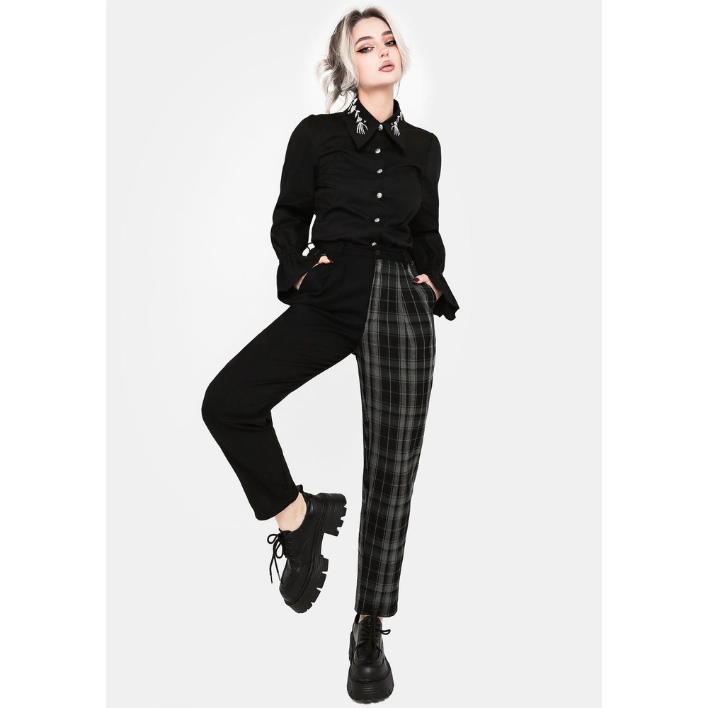 Disturbia Checkmate Trousers Women US 8 Black Green Split Leg Plaid Goth Edgy